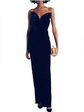 ROLAND MOURET Velvet Strapless Column Gown Navy Cocktail Gown Sz 10 MSRP $1815